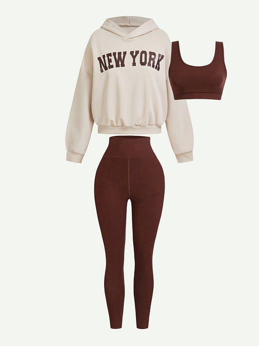 3pcs Women'S Slimming Athletic Outfit Set - Polyester Knit Hoodie with "NEW YORK" Print, Solid Color Leggings, and Sports Bra - Medium Stretch, Braided Detail, All-Season Wear